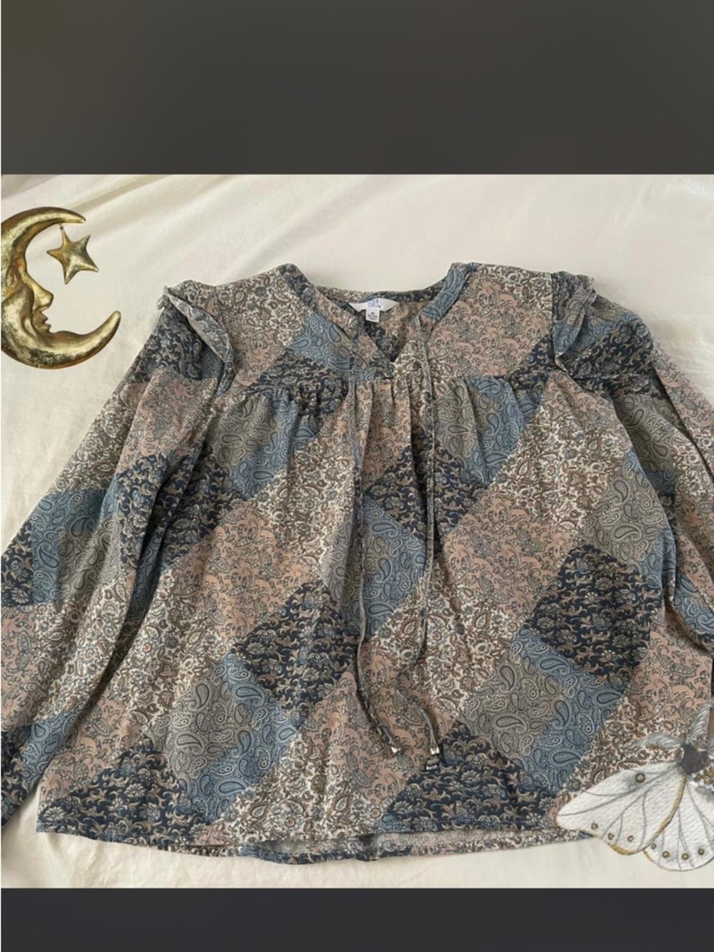 Time and Tru Patchwork Peasant Blouse - Blue, Tan, Gray